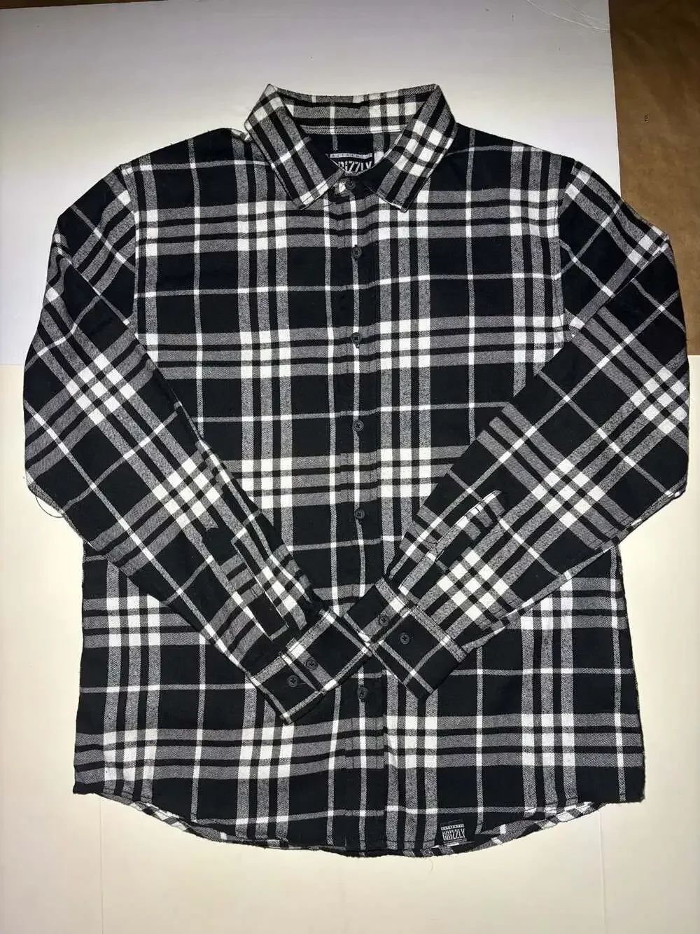 Grizzly Griptape Men's Black and White Plaid Button-Up Flannel Shirt